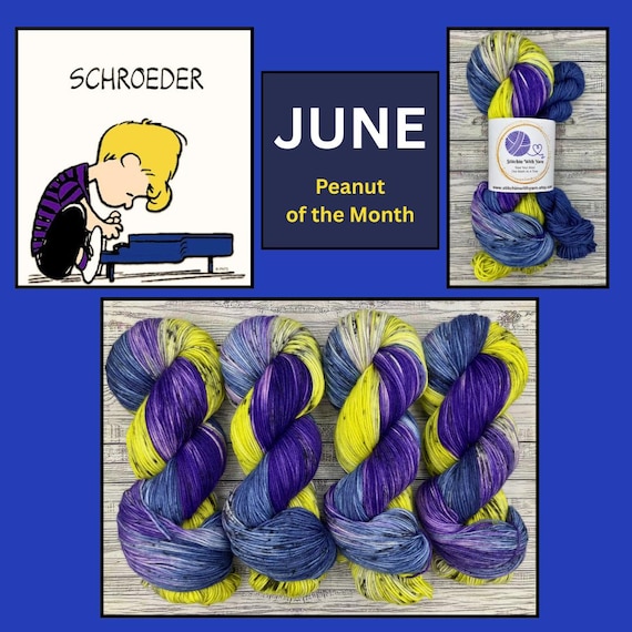 SCHROEDER  - June 2026 Peanuts Yarn - Hand-Dyed Superwash Merino Wool Yarn: Yellow Purple Navy Blue Black Speckles Mini Skein Sock Set