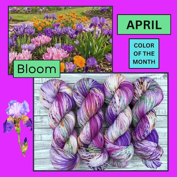 DYED to ORDER - BLOOM - April Color of the Month - Hand-Dyed Superwash Merino Wool Yarn Spring Flowers Purple Pink Orange Green Speckles