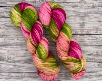 Pink Hawaiian - DK - Pink Green Hand Dyed Yarn - Superwash Merino Wool Nylon - Pink Green Yarn - Tropical Flower - Knit Gift Socks Crochet