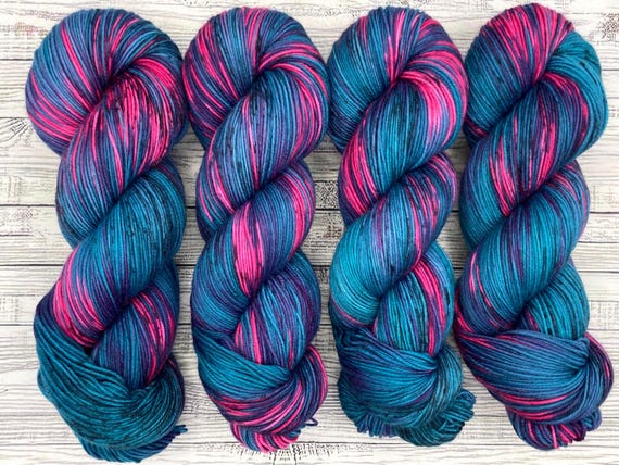 Cosmic Flowers - Hand Dyed Yarn - Superwash Merino Nylon - Teal Green Pink Black Speckles - Sock Yarn - Crochet Gift Knit Socks