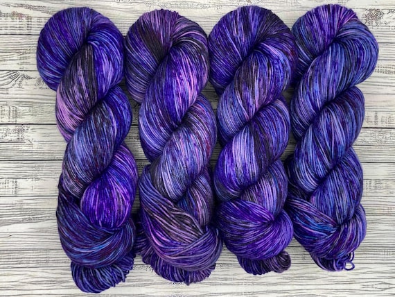 Dark Galaxy OOAK - Hand Dyed Yarn - Superwash Merino Nylon - Blue Purple Black Pink Speckles - Crochet Knit - Spring Sock Yarn