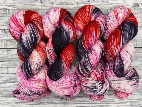 Twist of Fate - Valentines Day - Hand Dyed Yarn - Superwash Merino Nylon - Red Black White Pink Purple Red Speckles Sock Yarn - Knit Gift