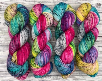 DK - Too Cool For School - 90s Saved By Bell - Hand Dyed Yarn - Superwash Merino Nylon - Aqua Pink Yellow Nostalia Yarn - Knit Crochet Gift