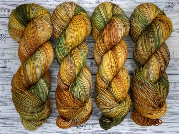 OOAK Golden Harvest - Gold Green Brown - Hand Dyed Yarn - Knit Crochet Gift - Superwash Merino Nylon Yarn - Summer Yarn