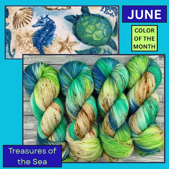 Treasures of the Sea - June Color of the Month - Hand Dyed Yarn Superwash Merino Wool Summer Beach Tan Gold Green Blue Speckles