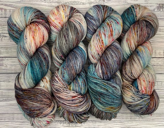 Autumn Rain - Hand Dyed Yarn - Superwash Merino Nylon - Sock Yarn - Teal Blue Gray Speckles - Yarn for Knit Crochet Gift