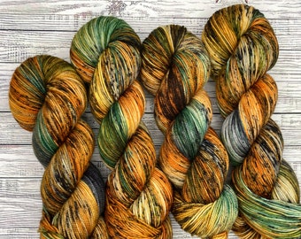 Tiger Safari - Fall Hand Dyed Sock Yarn - Superwash Merino Wool Nylon - Gold Orange Green Black - Yarn for Socks - Crochet Knit - Shawl