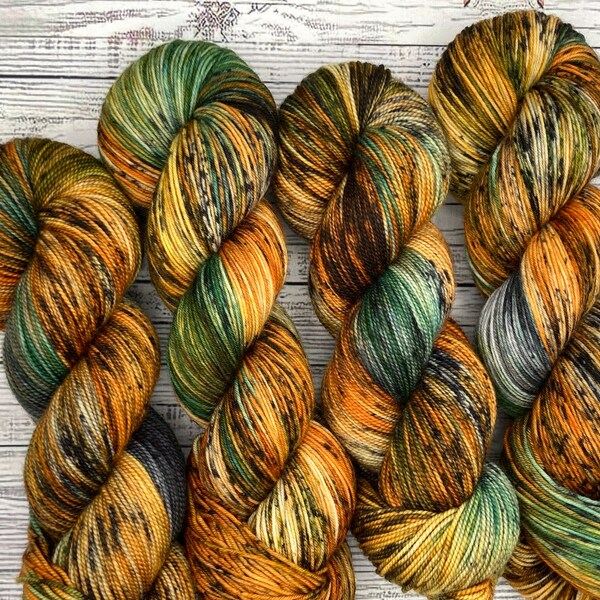 Tiger Safari - Fall Hand Dyed Sock Yarn - Superwash Merino Wool Nylon - Gold Orange Green Black - Yarn for Socks - Crochet Knit - Shawl