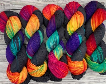 Roller Skating Rink - 90s Black Rainbow - Hand Dyed Yarn - Superwash Merino Nylon - Fluorescent Rainbow Nostalia Yarn - Knit Crochet Gift