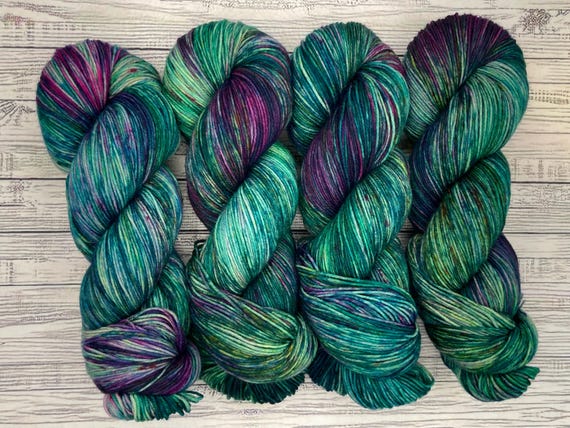 Hummingbirds - Hand Dyed Yarn - Superwash Merino Nylon - Teal Green Magenta Blue Gold Speckles - Crochet Knit - Spring Sock Yarn