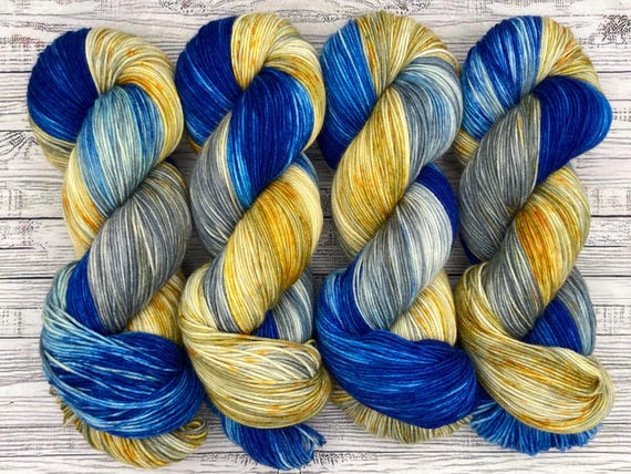 Lights of Hanukkah - Hand Dyed Sock Yarn - Cobalt Blue Silver Gray Gold Yellow Orange Yarn - Superwash Merino Nylon