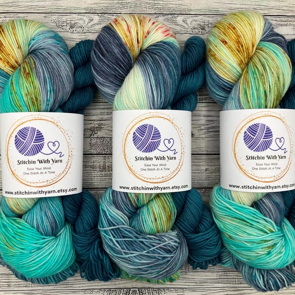 Beach Please Sock Set - Seaside Sock Along - Aqua Blue White Gold Pink Speckles - Hand Dyed Yarn - Knit Crochet - Superwash Merino Nylon