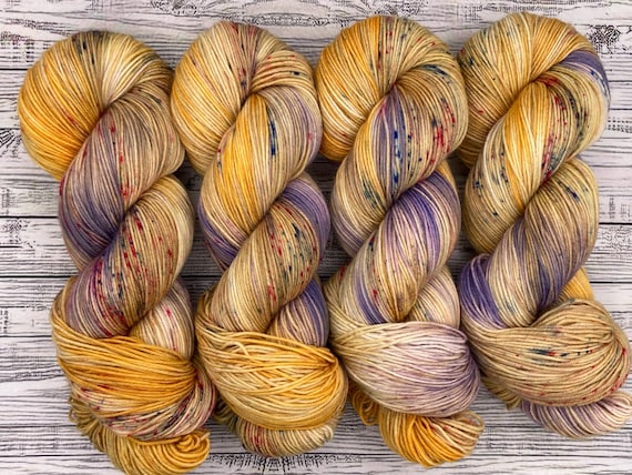 Dragonfly Inn Sock Yarn - Sock Set - Fall Hand Dyed Yarn - Superwash Merino Nylon - Yellow Purple Pink Blue Speckles - Gilmore Fall Yarn