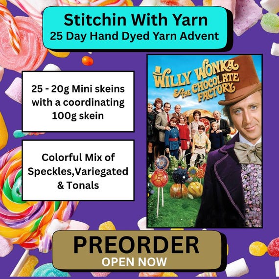2026 Willy Wonka Yarn Advent Christmas - 25 Day Advent Calendar Countdown Box - 25 Mini Skeins with 100gram Coordinating Skein - Candy Theme