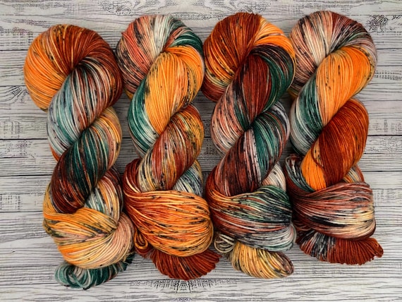 Autumn Melody - Fall Hand Dyed Yarn - Superwash Merino Nylon - Pumpkins Birds - Orange Rust Green Black Speckles - Knit Gift