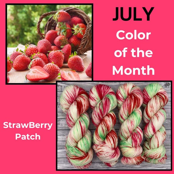 Strawberry Patch - July Color of the Month - Hand Dyed Yarn - Knit Crochet Gift - Superwash Merino - Red Pink Green White Yarn