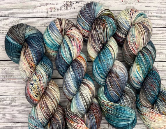 DYED TO ORDER - Autumn Rain - Hand Dyed Yarn - Superwash Merino Nylon - Sock Yarn - Teal Blue Gray Speckles - Yarn for Knit Crochet Gift