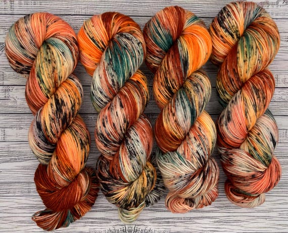 DYED TO ORDER - Autumn Melody - Fall Hand Dyed Yarn - Superwash Merino Nylon - Pumpkins Birds - Orange Rust Green Black Speckles - Knit Gift