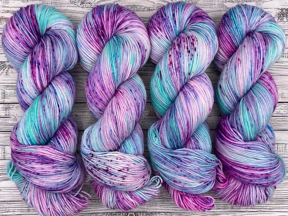 Winter Dreams - Hand Dyed Yarn - Knit Crochet Gift - Superwash Merino - Blue Aqua Purple Berry Speckles Sock Yarn DK Worsted