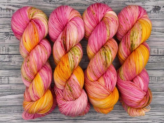 Dahlias - Flowers Pink Yellow - May Flowers Yarn - Spring Hand Dyed Yarn - Knit Crochet Gift - Superwash Merino Nylon Yarn - Sock Set