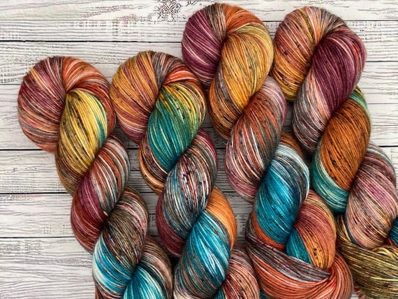 Thankful - Hand Dyed Yarn - Superwash Merino Nylon - Autumn Sock Yarn - Autumn Colors - Teal Rust Gold Burgundy - Yarn for Knit Crochet Gift