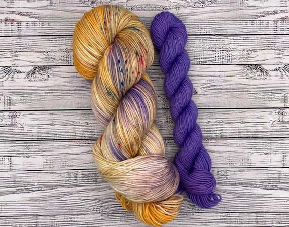 Dragonfly Inn Sock Set - Fall Hand Dyed Yarn - Superwash Merino Nylon - Yellow Purple Pink Blue Speckles - Gilmore Fall Yarn