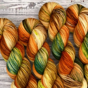 Pumpkin Harvest - Hand Dyed Sock Yarn - Superwash Merino Wool Nylon - Orange Green Gold Yarn - Fall Yarn for Sock Knit - Crochet Knit