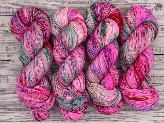 Valentine Hearts - Valentines Day - Hand Dyed Yarn - Superwash Merino Nylon - Pink Green Aqua Red Speckles Sock Yarn - Yarn for Knit Gift