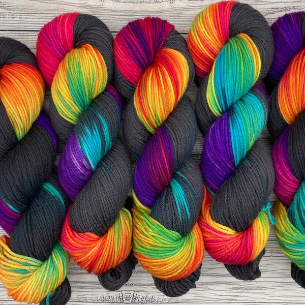 DK Yarn - Roller Skating Rink - 90s Neon Rainbow Black - Hand Dyed Yarn - Superwash Merino Nylon - Fluorescent Rainbow Retro - Knit Crochet