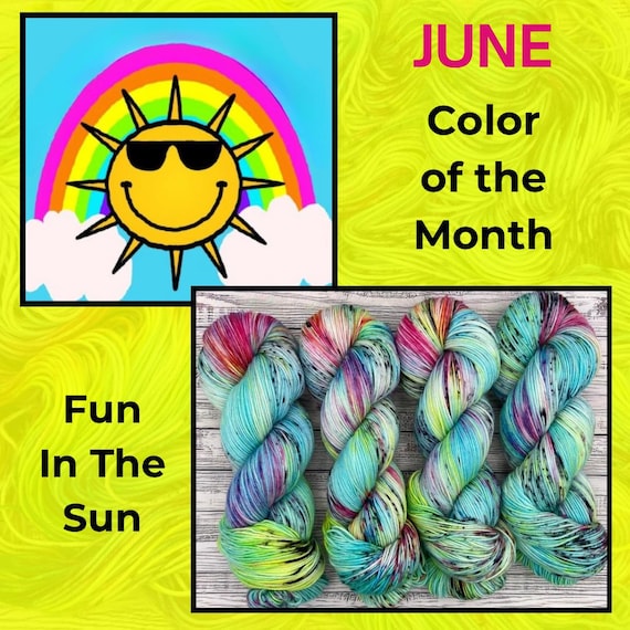 Fun In The Sun - June Color of the Month - Hand Dyed Yarn - Knit Crochet Gift - Superwash Merino - Blue Yellow Pink Black Rainbow Yarn