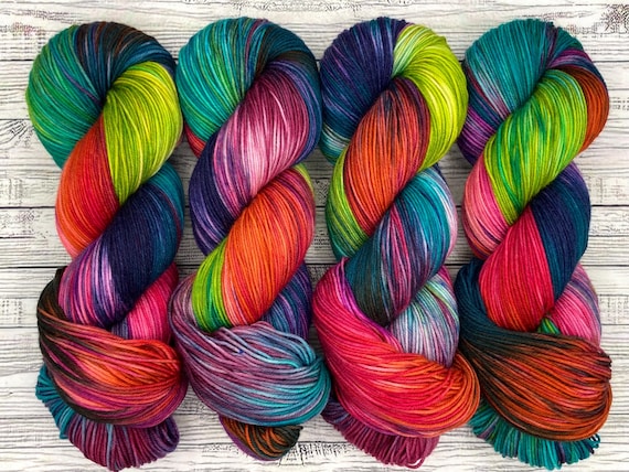 Spooktober - October Color of the Month Hand-Dyed Superwash Merino Wool Yarn: Halloween Green Pink Blue Orange