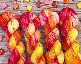 Starburst - Bright Pink Yellow Orange Yarn - Hand Dyed Sock Yarn - Superwash Merino Wool Nylon - Sock Yarn - Knit Socks - Gift Knit Crochet