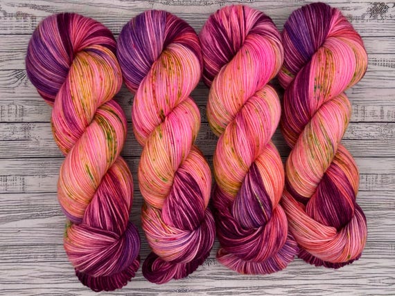 Peonies - Hand Dyed Yarn - Superwash Merino Nylon - Peach Pink Purple Maroon - Sock Yarn - Crochet Knit Gift - Spring Flowers Yarn
