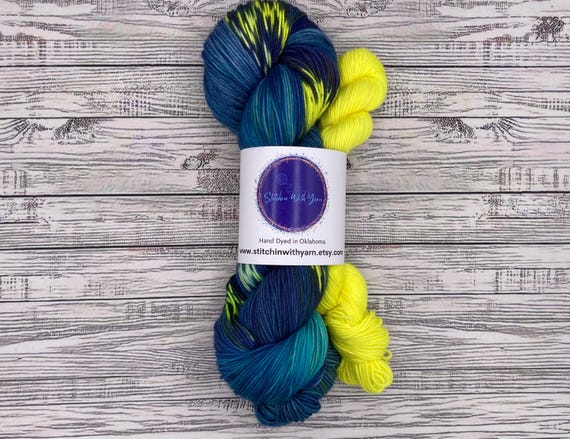 Firefly Lane Sock Set - Summer Knitting Yarn - Hand Dyed Yarn - Superwash Merino Nylon - Blue Green Fluorescent Yellow - Crochet Knit