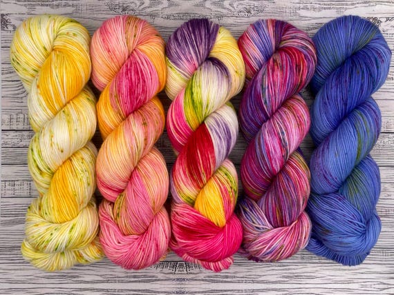 DYED TO ORDER - May Flowers Collection Set of 5 - Hand Dyed Yarn - Knit Crochet - Superwash Merino Nylon Yarn - Yellow Red Pink Blue Purple