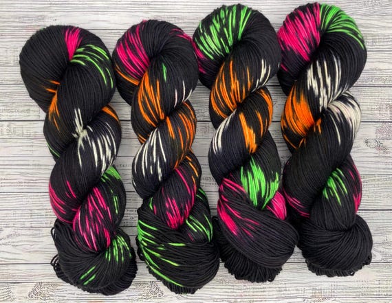 Ghouls Wanna Have Fun - Hand Dyed Yarn - Superwash Merino - Fingering Weight - Pink Green Orange White Yarn - Black Neon Speckles