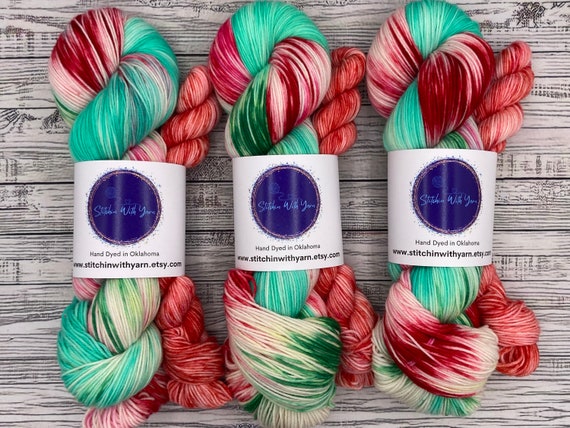 Santa on Vacation Sock Set - Christmas in July - Hand Dyed Yarn - Superwash Merino Nylon - Mint Pink Red Green Sock Yarn Knit