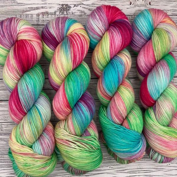 Magically Delicious - Spring Pastel Rainbow - Hand Dyed Sock Yarn - Superwash Merino Wool Nylon - Sock Yarn - Knit Gift - Pink Green Aqua