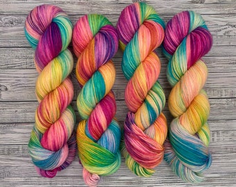 Brainfreeze - DYED TO ORDER - Neon Rainbow - Hand Dyed Sock Yarn - Superwash Merino Wool Nylon - Rainbow Sock Yarn - Crochet - Knit Gift
