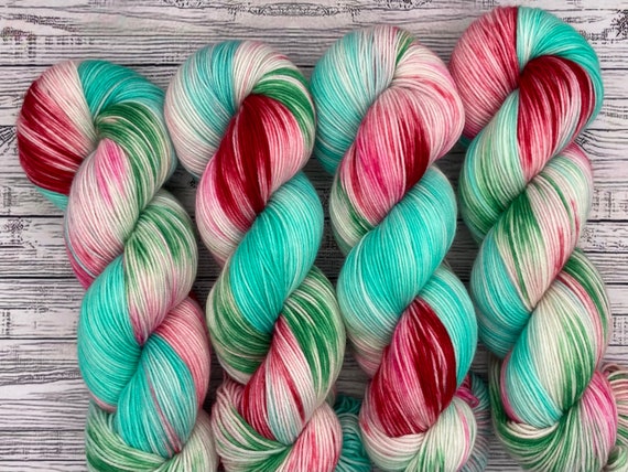 Santa on Vacation - Christmas in July - Hand Dyed Yarn - Superwash Merino Nylon - Mint Pink Red Green Sock Yarn - Knit Crochet Gift