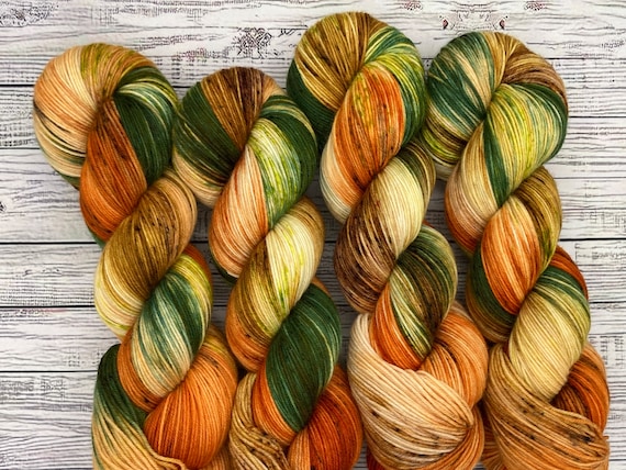 Pumpkin Harvest DYED TO ORDER - Hand Dyed Sock Yarn - Superwash Merino Wool Nylon - Orange Green Gold Yarn - Fall Yarn for Sock Knit