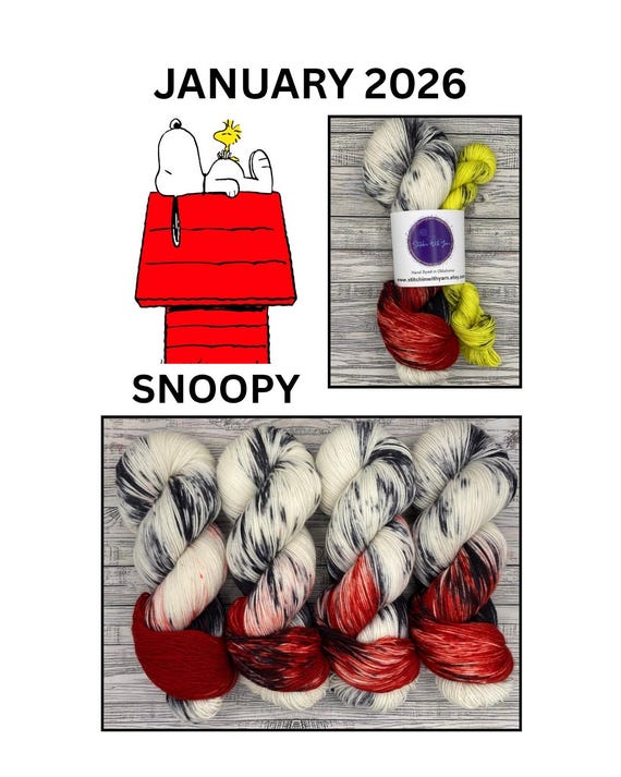 PREORDER Snoopy January 2026 - Hand-Dyed Superwash Merino Wool Yarn: Black White Red Yarn Yellow Mini Skein Sock Set