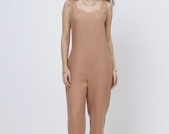 100% European Linen Jumpsuit, Square Neck, Wide-Leg Travel Wear