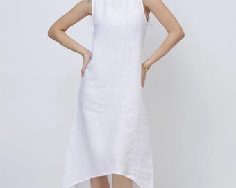 White Linen Shift Dress | Asymmetrical Hem, Relaxed Fit, Summer Midi