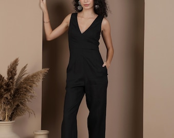 100% Linen V-Neck Jumpsuit, Sleeveless Straight Leg Jumpsuit, Ankle Length