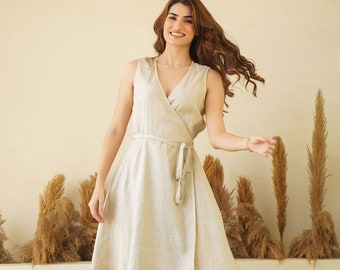 Handmade Linen Wrap Dress – Sleeveless Mini Dress with Tie Belt