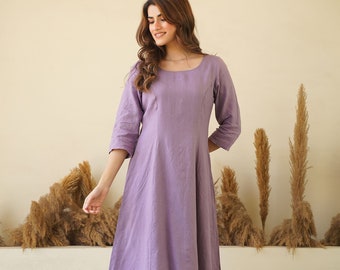 Lilac Linen Dress - Women's Midi Tunic, 3/4 Sleeve