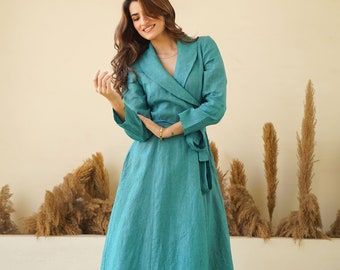 Teal Blue Linen Wrap Dress: Maxi Kimono Robe with Shawl Collar