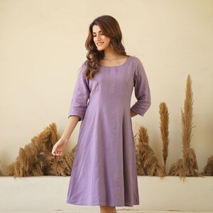 Lilac Women&#39;s Linen Dress - Round Neck Linen Tunic with Princess Seams, Long Sleeve | Zipper & Lining