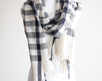 Handwoven Organic Kala Cotton Scarf – Cream-Gray Striped Wrap